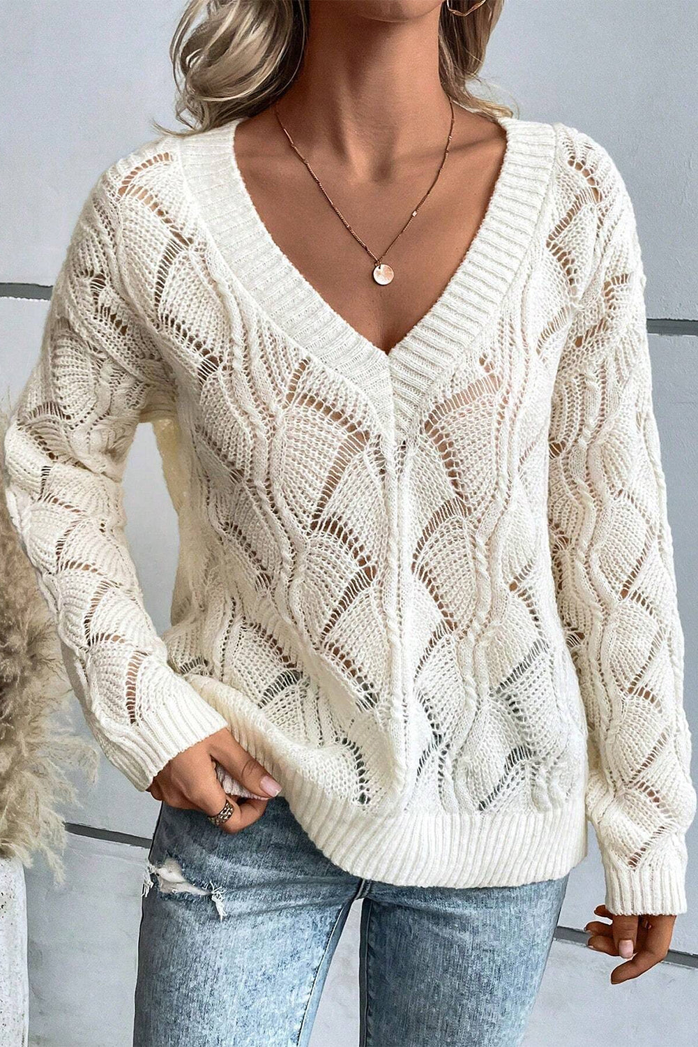 Beige Hollow Out Knit V Neck Drop Shoulder Sweater