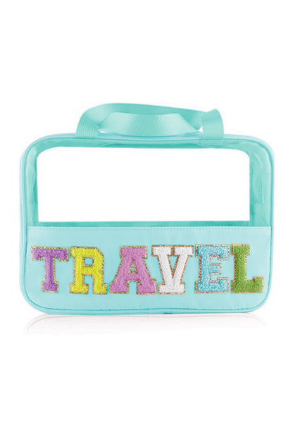 Mint Green TRAVEL Chenille Letter Clear PVC Makeup Bag