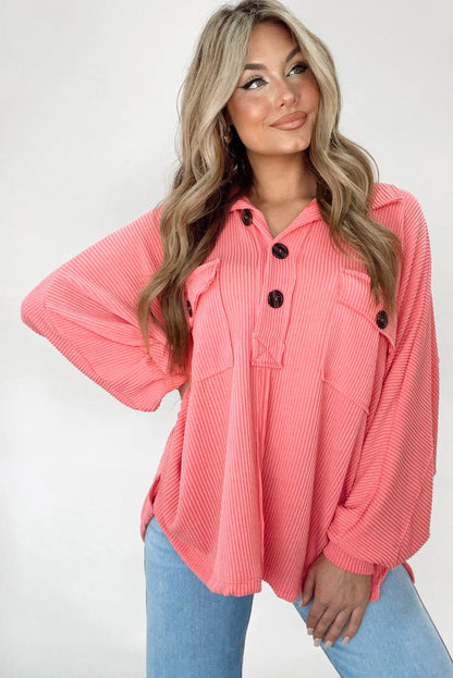 Pink Corded Flap Pocket Henley Top