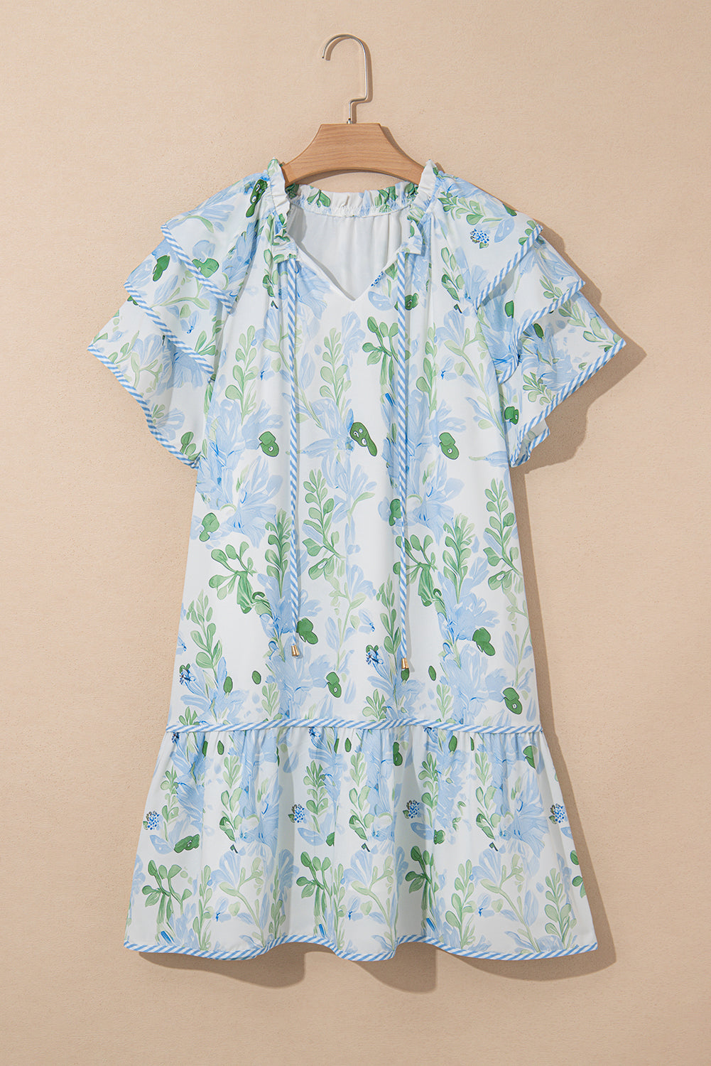 Sky Blue Floral Contrast Edge Layered Short Sleeve Mini Dress