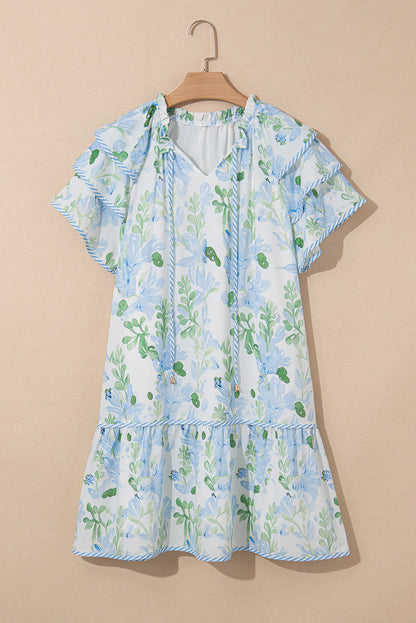 Sky Blue Floral Contrast Edge Layered Short Sleeve Mini Dress