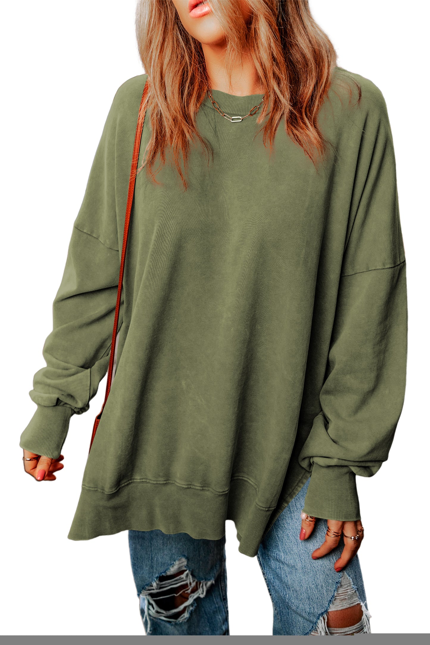 Green Drop Shoulder Ribbed Trim Oversized Sweatshirt