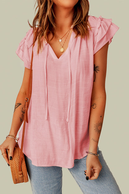 Pink Tiered Ruffled Drawstring V Neck Top