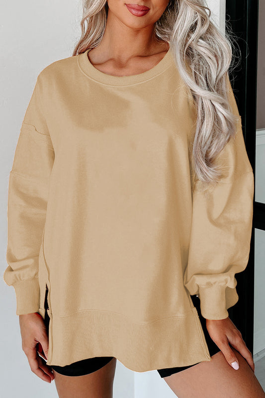 Light French Beige Exposed Seam Drop Shoulder Round Neck Sweatshirt with Slits