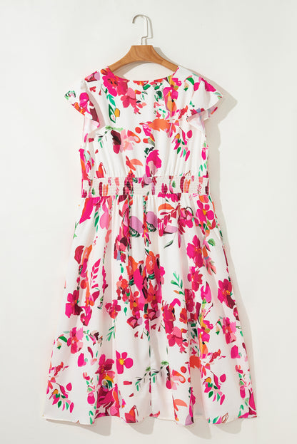 Pink Floral Print V Neck Ruffle Sleeve Plus Size Midi Dress