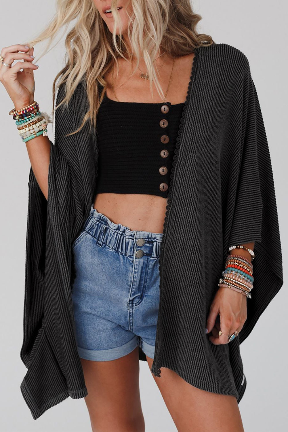 Black Lace Trim Ribbed Oversize Kimono