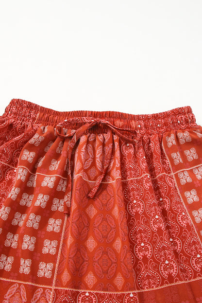 Fiery Red Bohemian Mix Print Long Flared Skirt