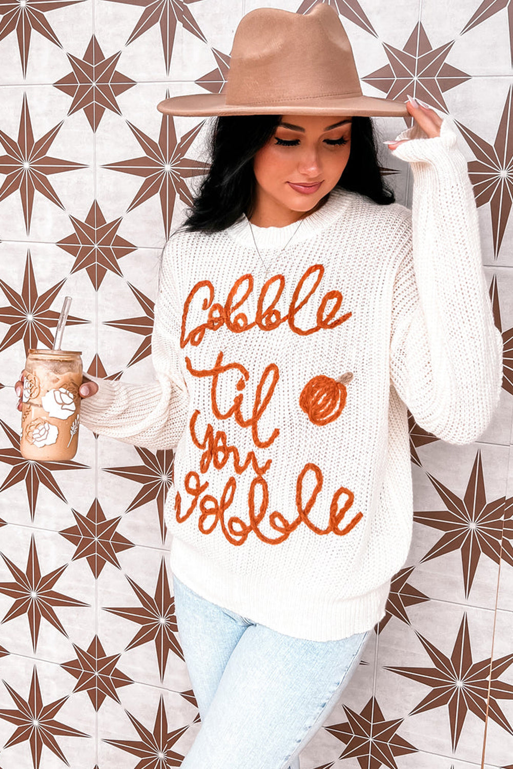 White Gobble Til You Wobble Pop Up Crochet Plus Size Sweater