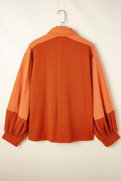 Orange Stripe Exposed Seam Henley Turn-down Neck Puff Sleeve Sweatshirt