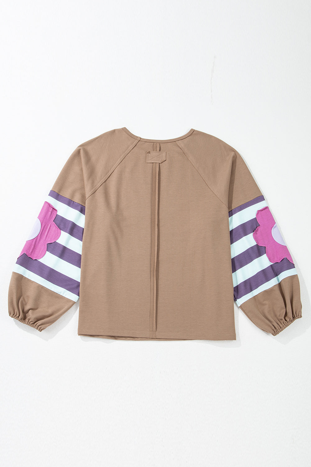 Light French Beige Flower Striped Patchwork Puff Sleeve Loose Sweatshirt