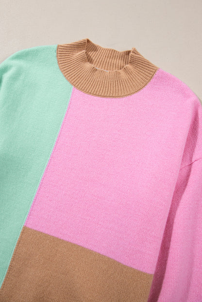 Multicolour Colorblock Mock Neck Ribbed Trim Sweater