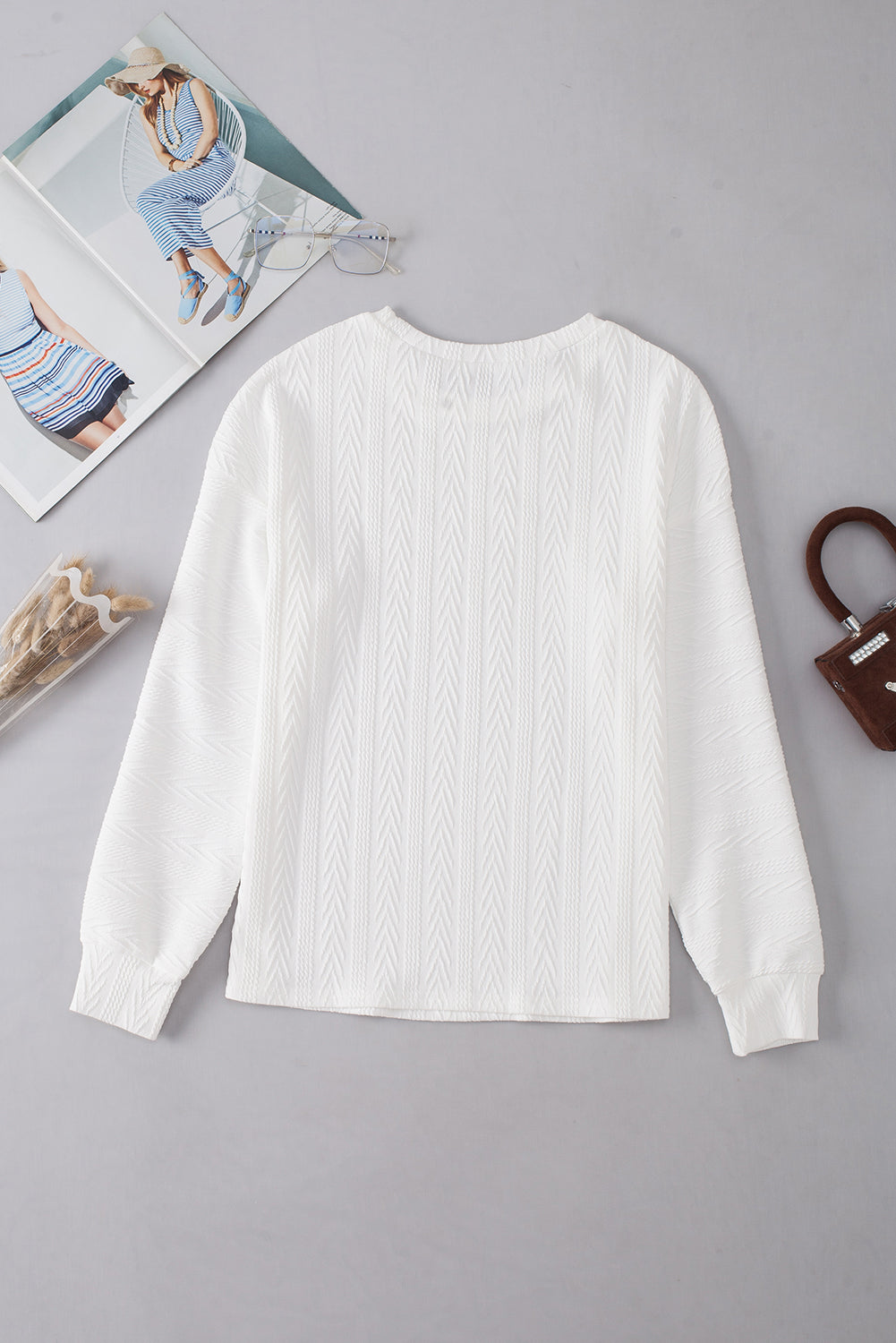 White Round Neck Drop Shoulder Textured Knit Top