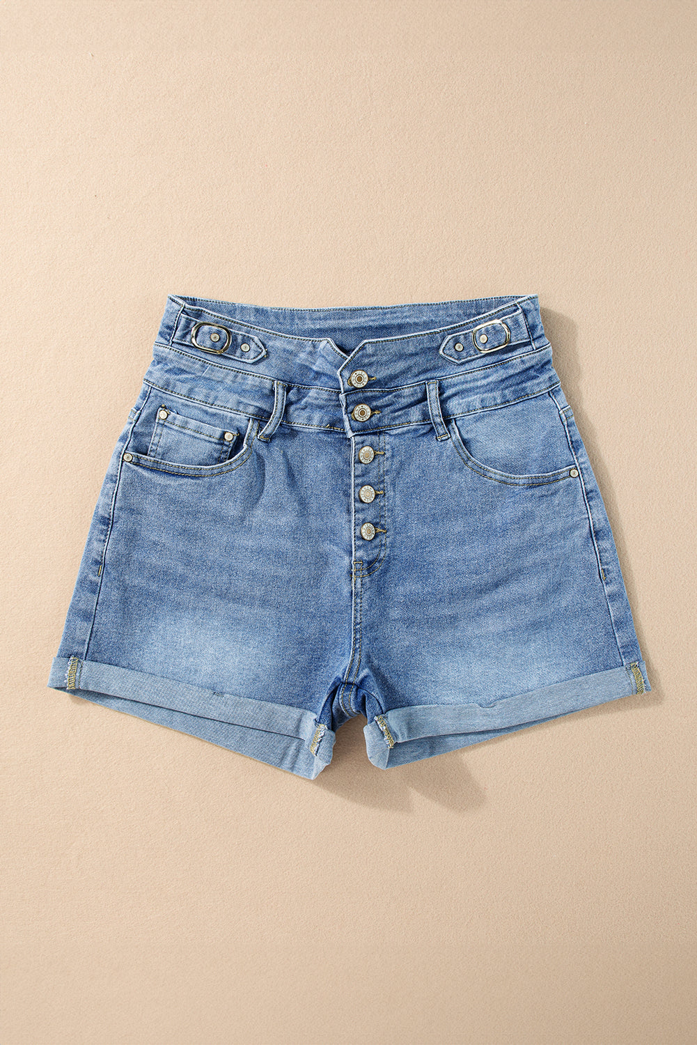 Dusk Blue Button Fly High Waist Roll Edge Denim Shorts