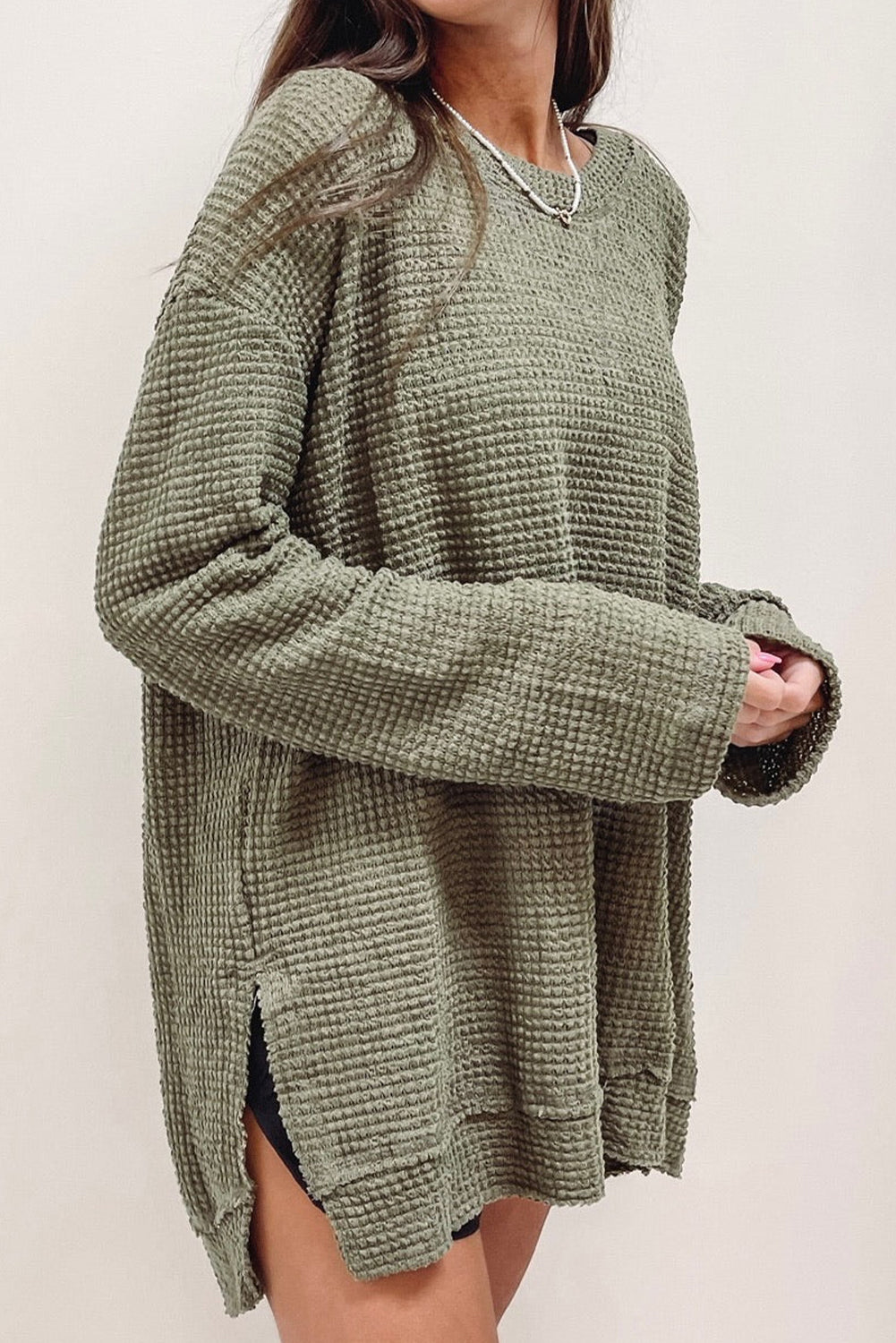 Moss Green Plus Size Textured Knit Long Sleeve Top