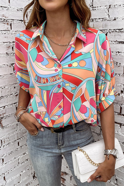 Multicolor Abstract Geometry Print Half Puff Sleeve Loose Shirt