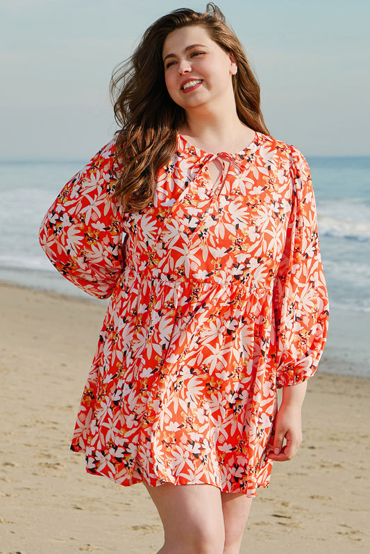 Orange Floral Print Split V Neck Bubble Sleeve Plus Size Midi Dress