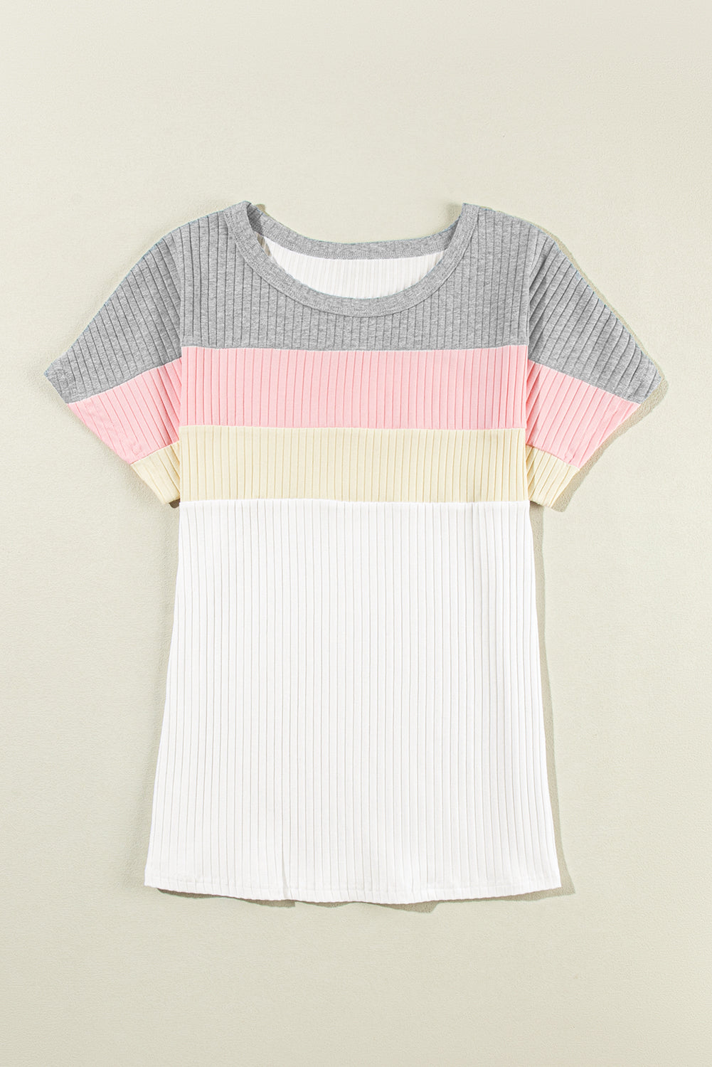 White Ribbed Color Block Patchwork T-shirt