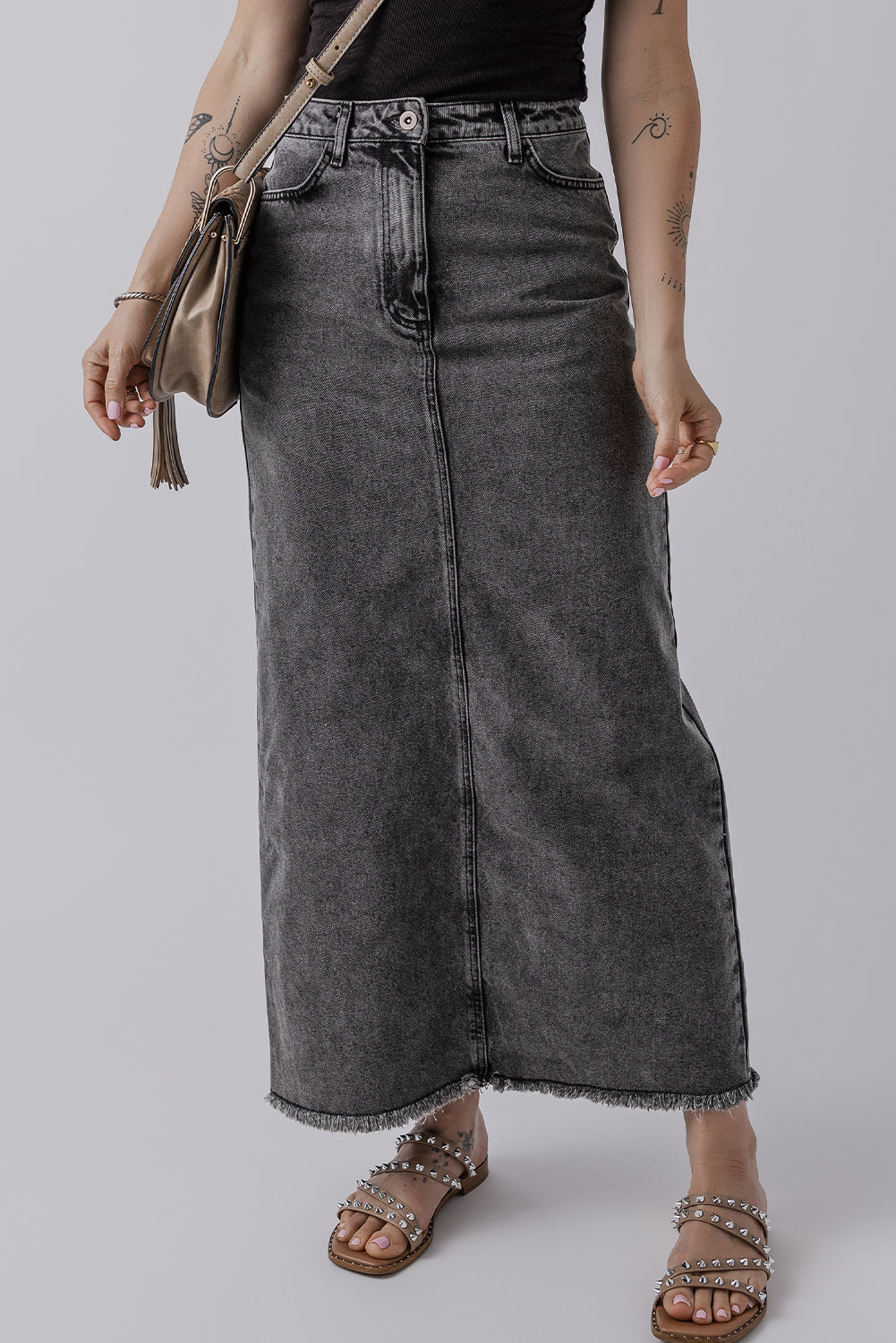 Dark Grey Denim Raw Hem Back Split High Waist Long Skirt