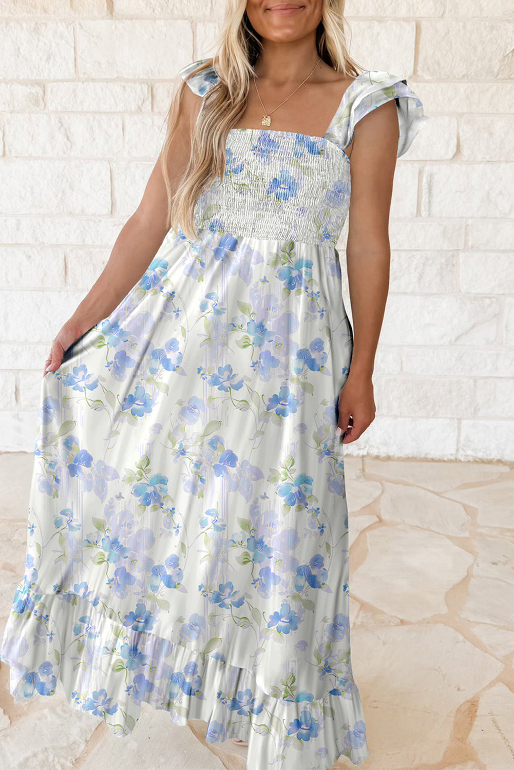 Sky Blue Floral Smocked High Waist Double Ruffle Sleeveless Maxi Dress