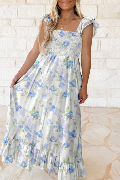 Sky Blue Floral Smocked High Waist Double Ruffle Sleeveless Maxi Dress