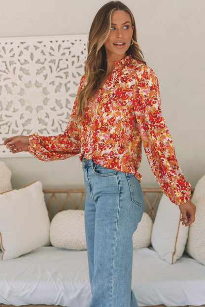 Grapefruit Orange Frilled Split Neck Bubble Sleeve Floral Blouse