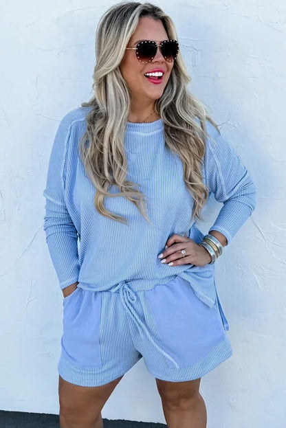 Light Blue Plus Size Ribbed Long Sleeve Top and Drawstring Shorts Set