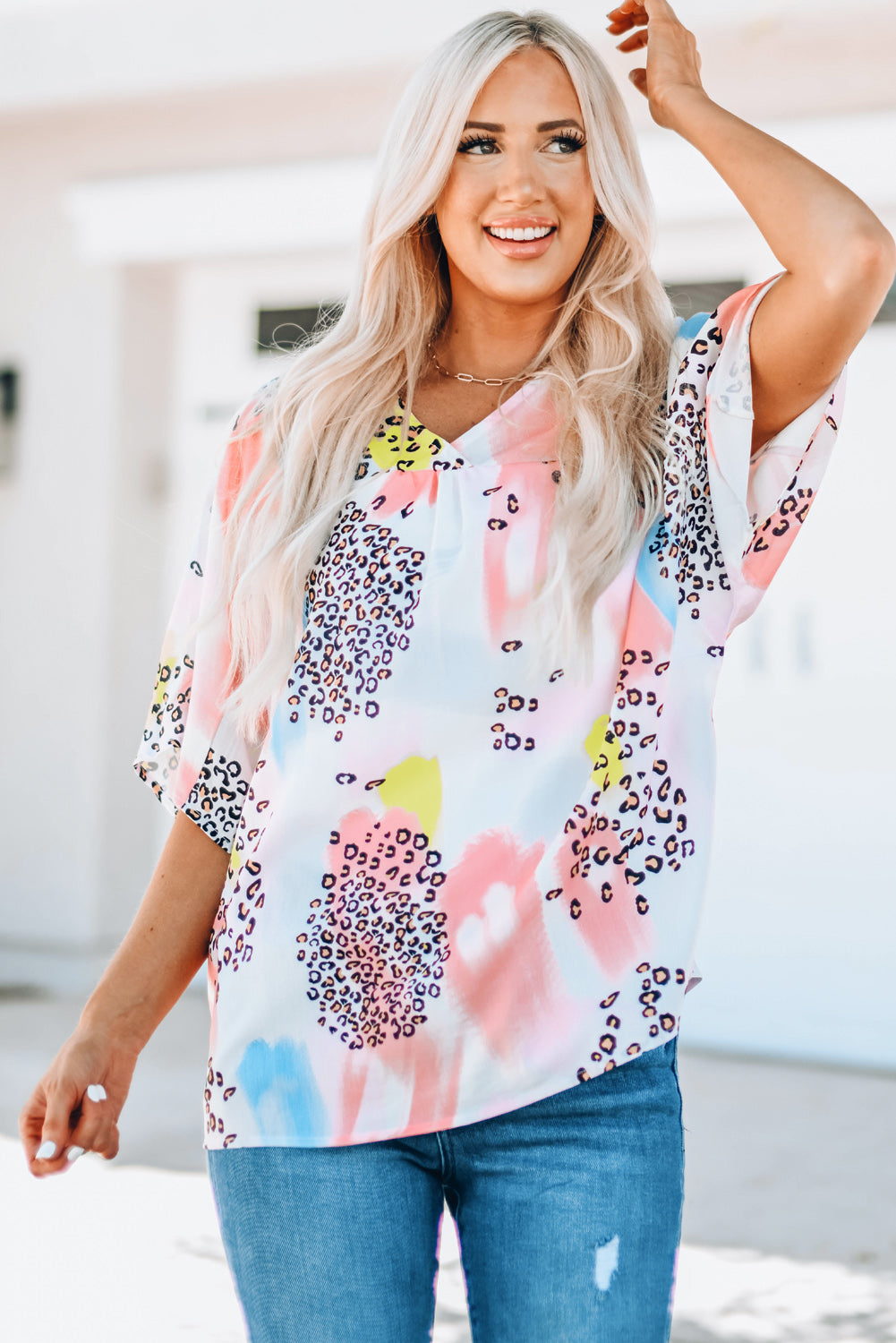 Mixed Print V-Neck Half Sleeve Top