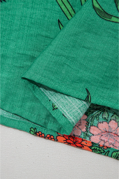 Bright Green Floral Print Buttoned V Neck Short Sleeve Blouse