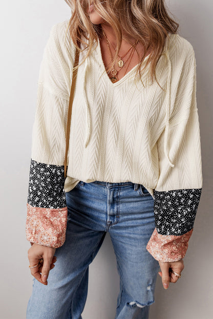 Beige Floral Patchwork Textured Knit Drawstring V Neck Blouse