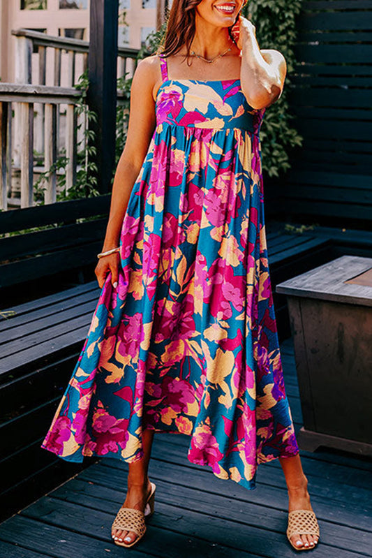 Dark Blue Floral High Waist Sleeveless Flared Long Dress