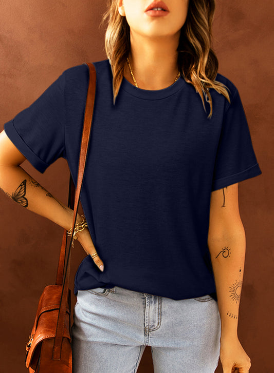 Blue Solid Color Crew Neck Tee