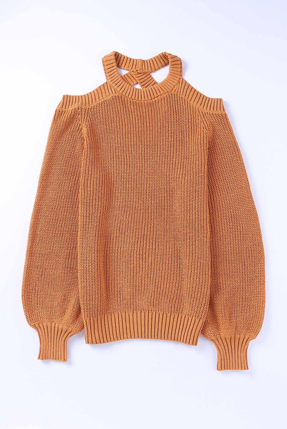 Brown Crew Neck Cold Shoulder Hollow-out Back Sweater