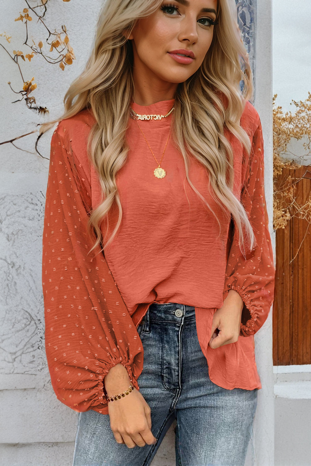 Russet Orange Swiss Dot Balloon Sleeve Loose Blouse