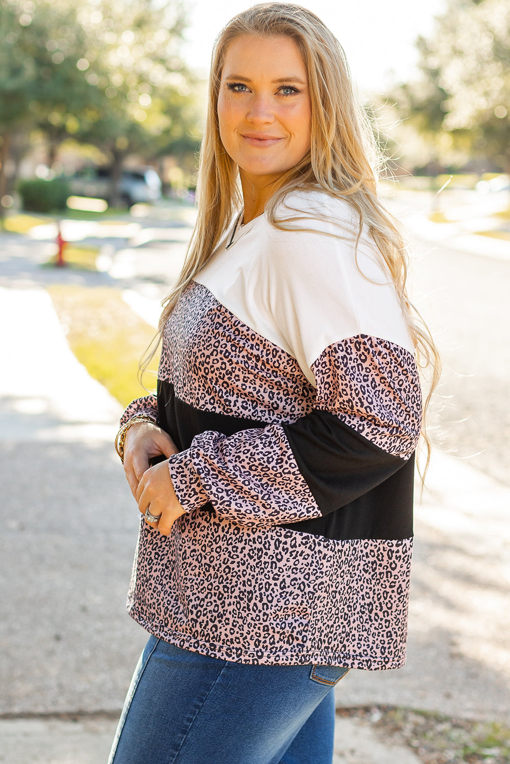 Black Leopard Print Colorblock V Neck Long Sleeve Plus Size Top