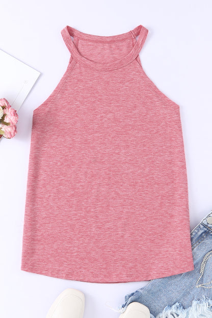 Pink Solid Color Crew Neck Tank Top