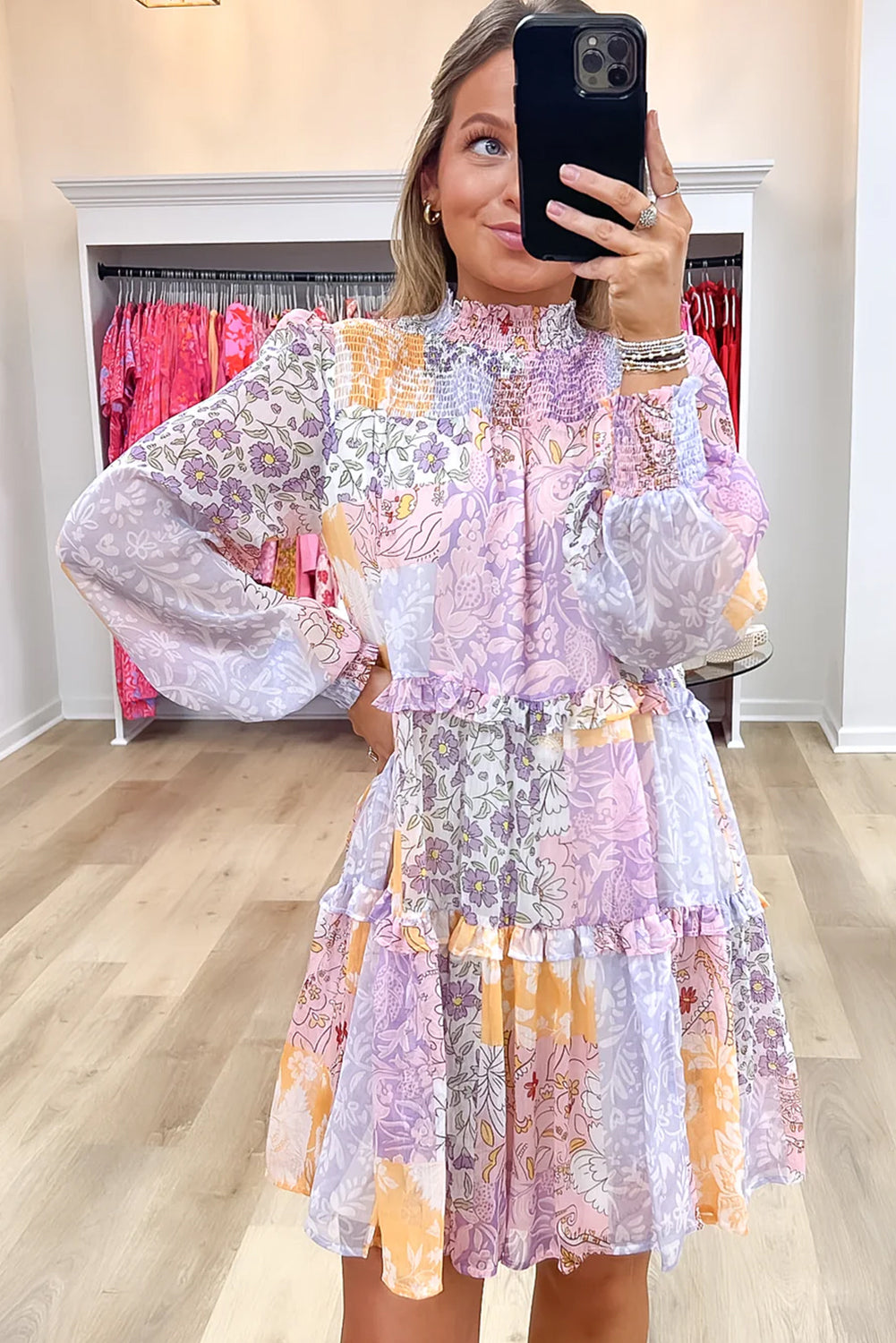 Multicolour Floral Smocked Mock Neck Ruffled Tiered Bubble Sleeve Dress