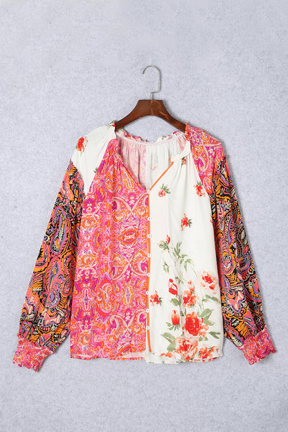 Multicolor Floral Patchwork Shirred Cuff Buttoned V Neck Blouse