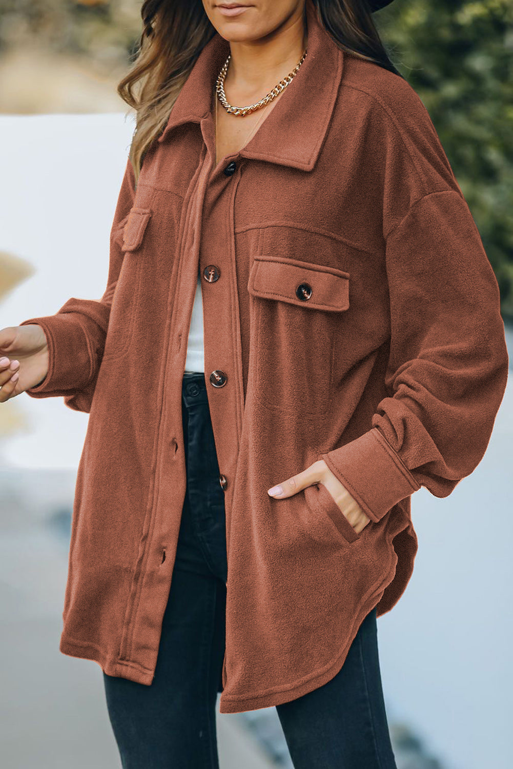 Button Up Collared Neck Long Sleeve Jacket