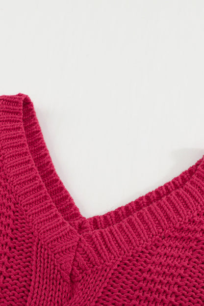 Rose Bubblegum V-Neck Braided Knit Sweater