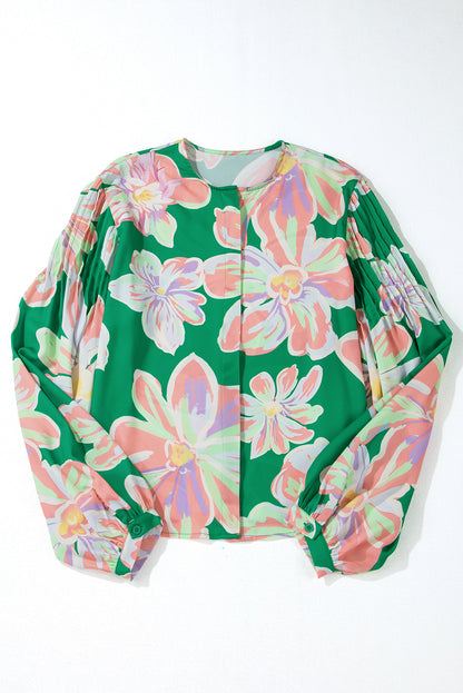 Green Floral Print Button up Pleated Puff Sleeve Loose Shirt