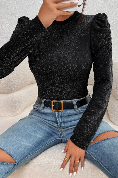 Black Gigot Sleeve Metallic Knit Slim Fit Top