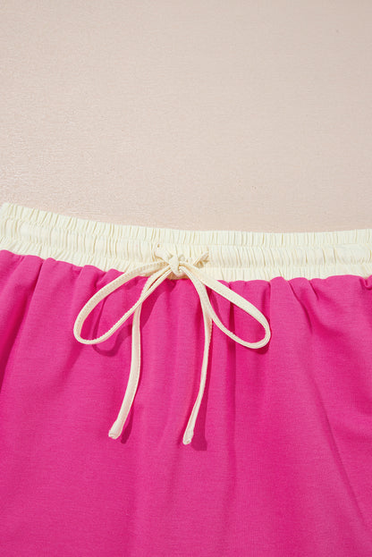 Rose Red Color block Edge Drop Shoulder T Shirt and Skirt 2Pcs Set