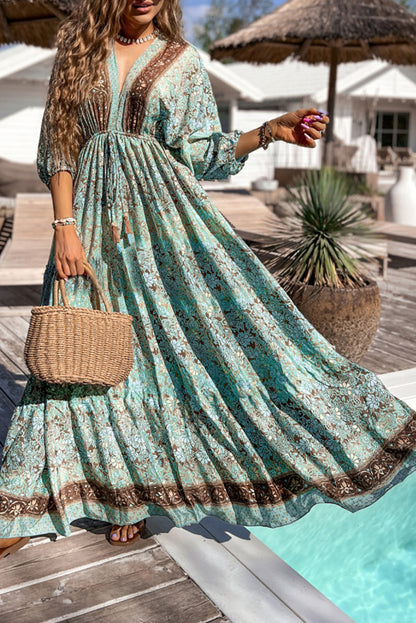 Green Boho Floral Print Lace-up Open Back High Waist Maxi Dress