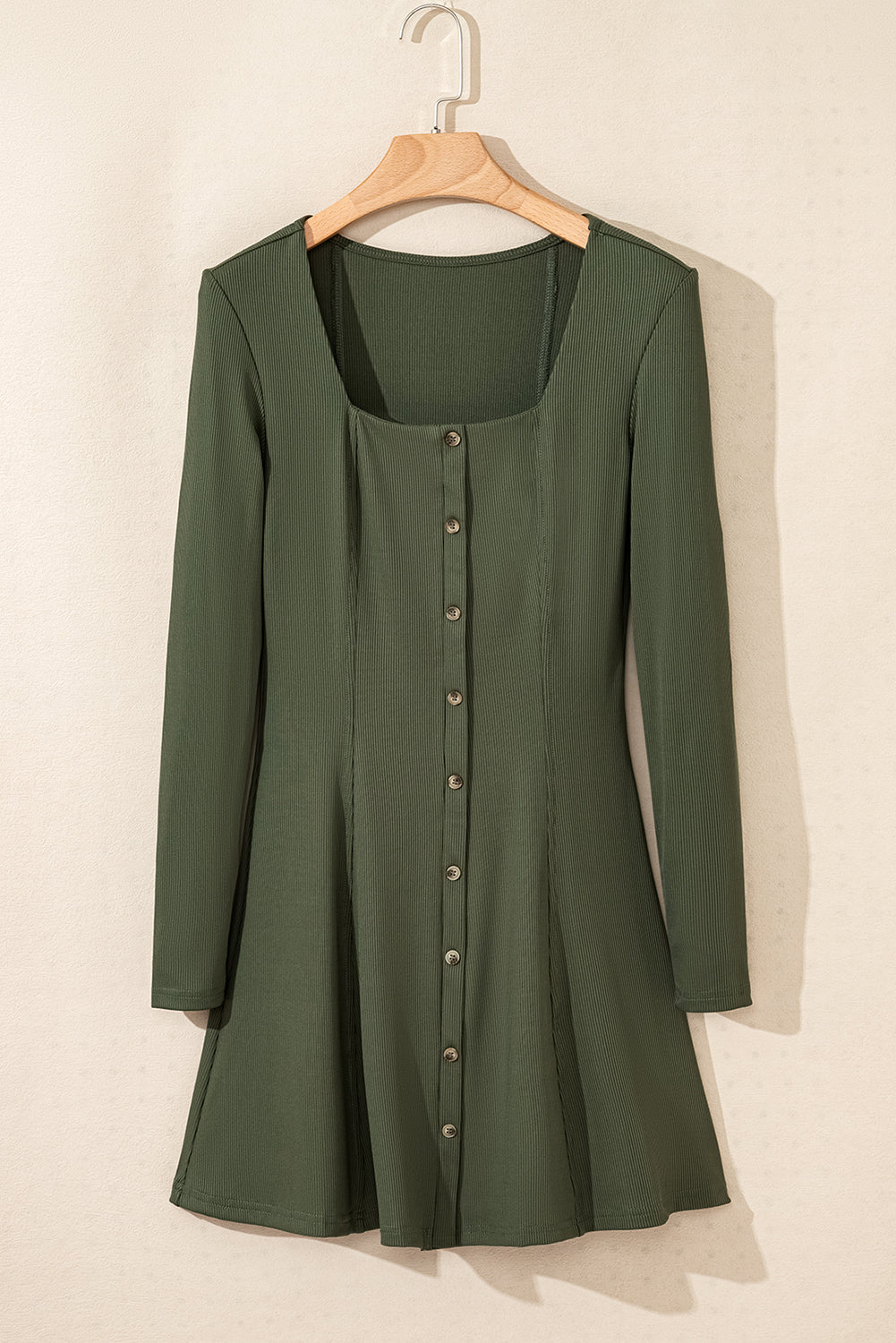 Guacamole Green Rib Knit Square Neck Buttoned Long Sleeve Mini Dress