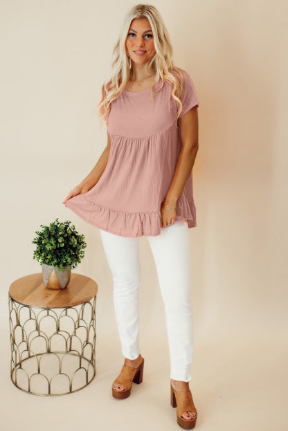 Pink Solid Short Sleeve Ruffle Hem Top