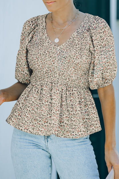 Floral Print Puff Sleeve Smocked Top