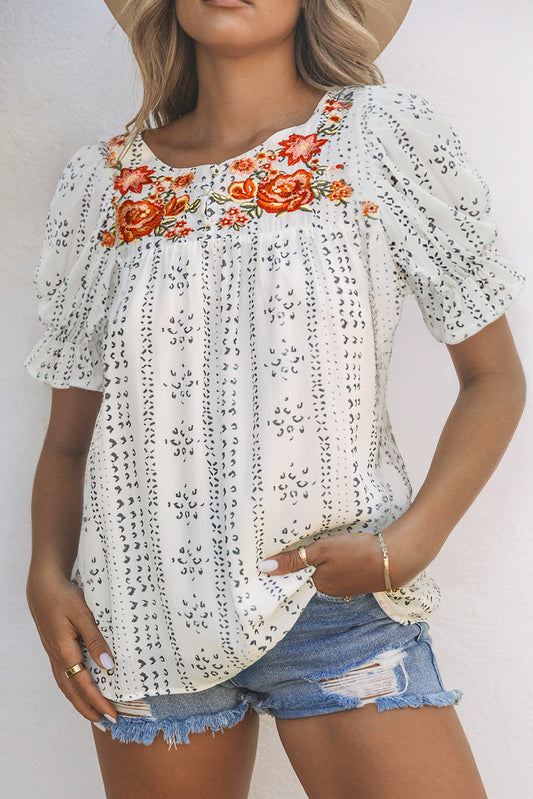 White Floral Embroidered Ethnic Printed Crinkle Blouse