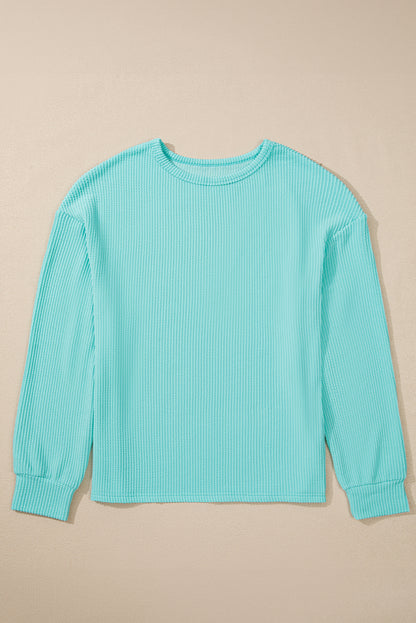 Aruba Blue Solid Color Corded Knit Round Neck Top