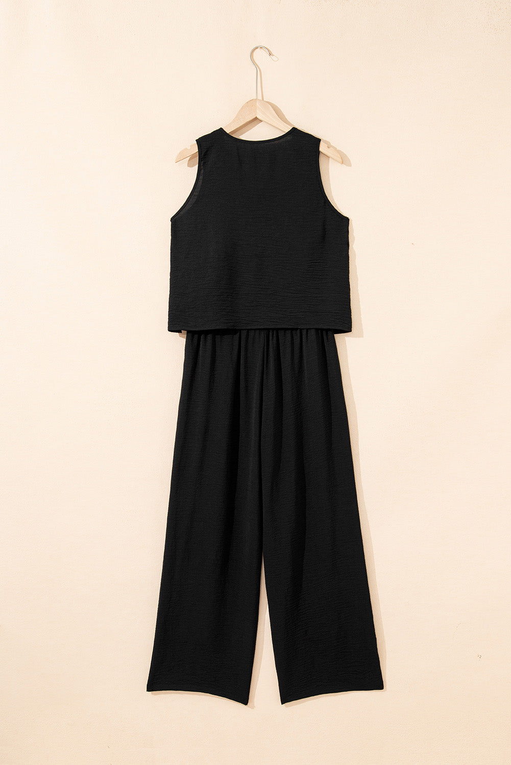 Black Buttoned Vest Drawstring Wide Leg Pants 2pcs Set