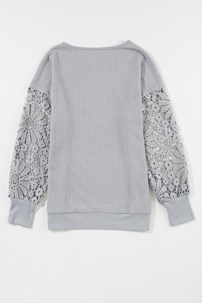 Gray Lace Splicing V Neck Puff Sleeve Top